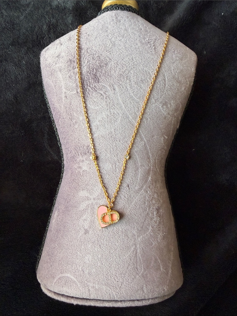 Dior Gold-Tone Chain Necklace with Pink Heart Logo Pendant
